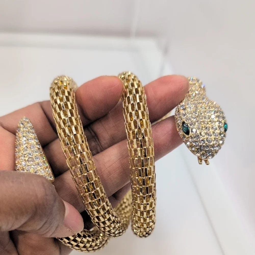 Gold Snake Coil Wrap Bracelet - Pave Rhinestones & Green Eyes - Statement Piece